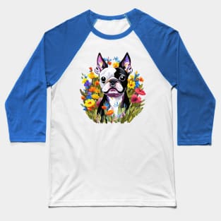 Boston Terrier in Flowers Baseball T-Shirt